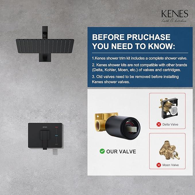 KENES Matte Black Shower Faucet with 10-Inch Shower Head and Handle Set, Square Shower Faucet Set Bathroom Rainfall Shower System Wall Mount, KE-6024B-2 (Shower Valve Included) - ModernBath