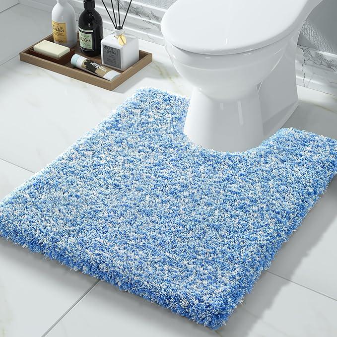Yimobra Toilet Rugs U Shaped Washable 24x20, Ultra Soft and Water Absorbent Bath Mats, Non Slip Fluffy Shaggy Luxury Microfiber Contour Bath Rugs for Toilet, Dry Quick, Blue and White - ModernBath