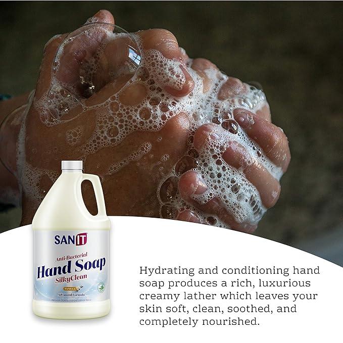 Sanit Silky Clean Antibacterial Liquid Gel Hand Soap Refill - Advanced Formula with Coconut Oil and Aloe Vera - All-Natural Moisturizing Hand Wash - Made in USA, Vanilla, 1 Gallon - ModernBath