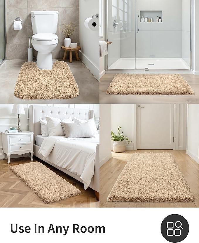 ILANGO Beige Bathroom Rugs 24" × 17" Small Non Slip & Super Absorbent Extra Thick Soft, Washable Bath Mat for Floor, Microfiber Plush Shaggy Bath Rug with Rubber for Bathtub Shower Room Sink - ModernBath