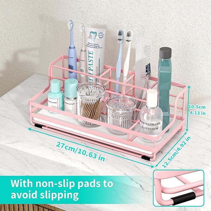 HapiRm Toothbrush Holders for Bathroom - 5 Partitions Bathroom Counter Organizer with Instant Drying Stone, Stainless Steel Countertop Storage Electric Toothbrush Toothpaste Holder - Pink - ModernBath