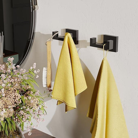 Ruacq Double Towel Hooks for Bathrooms, Heavy Duty Stainless Steel Square Bathroom Hooks, Wall Mounted Towel Hanger for Robe & Coat, Ideal for Kitchen, Bedroom, and Hotel Use(Matte Black) - ModernBath