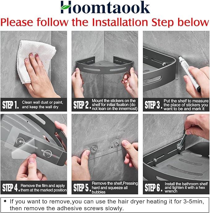 Hoomtaook 2-Tier Corner Shower Shelf No Drilling Bathroom Shelves Shower Caddies Adhesive Bath Corner Shelf Wall Mounted Bathroom Shower Caddy Organizer - Dark Grey - ModernBath