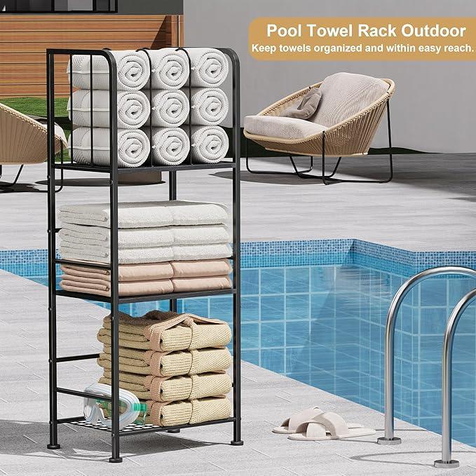 Towel Rack Free Standing 3-Tier M-Shaped Detachable Dividers, Durable Metal Holder, Pool Towel Rack, Space-Saving Towel Storage Organizer, Modern Bath Towel Shelf for Home, Poolside, Black - ModernBath