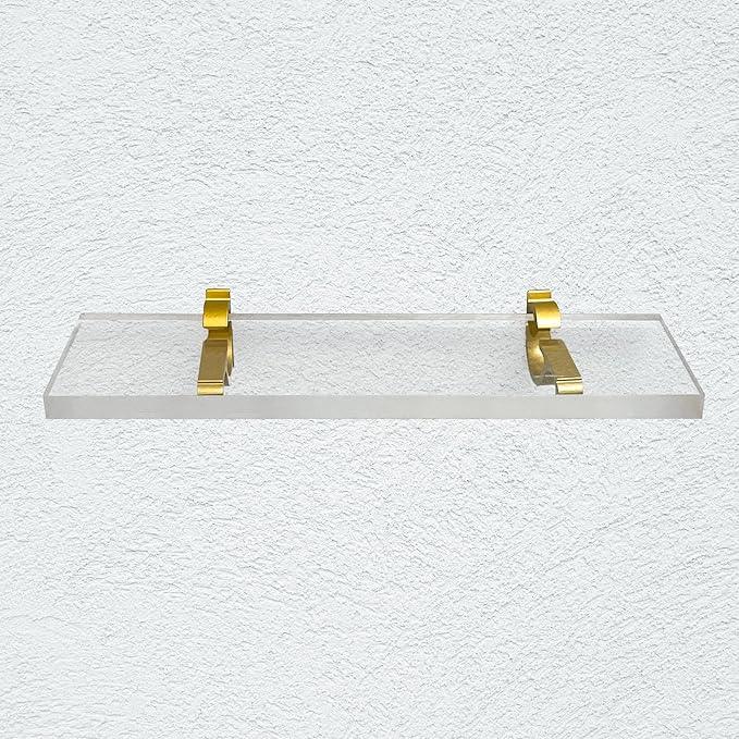 Clear Acrylic Shelves for Wall Storage, 6" W X 30" L, 3/4" Thick Wall Mounted Floating Shelves for Bedroom, Living Room, Bathroom, Kitchen -‎Easy Installation with Screws and Brass Finish Brackets - ModernBath