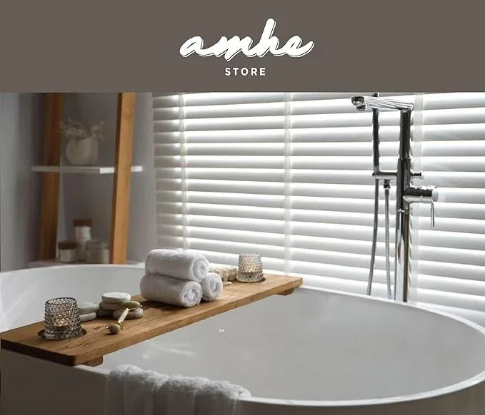 Amhe Store! Luxury Rustic Acacia Wood. Durable, Water-Resistant, Minimalistic, Adjustable 35x9 Inches. Lovely Gift - Box. Bath Tub Tray Wood - Bath Tray for Tub. Unique Natural Grain for Relaxation - ModernBath