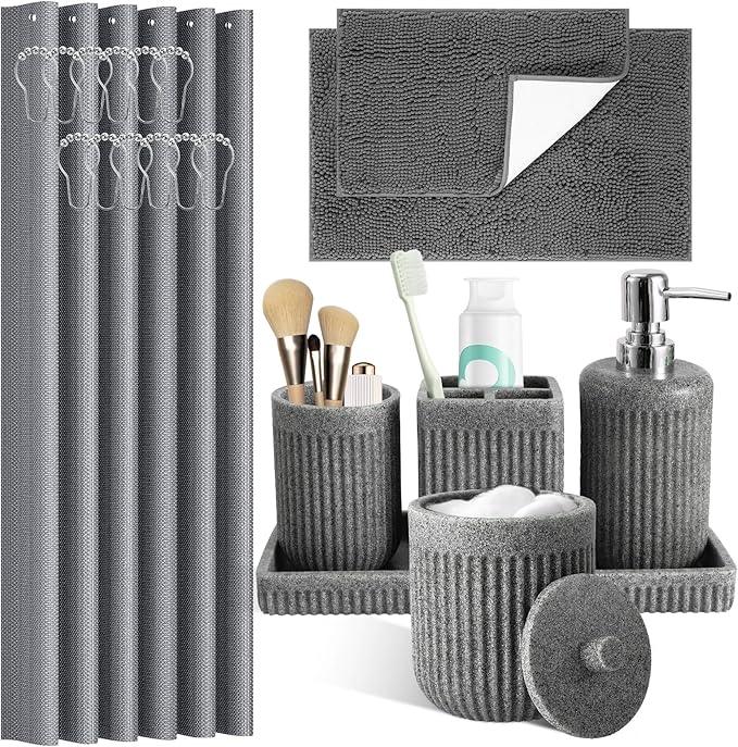 XLHOMO 8-Piece Grey Bathroom Set - Resin Bathroom Accessories Sets Complete with Shower Curtain and Rugs, Soap Dispenser, Toothbrush Holder, Tumbler & Apothecary Jars - ModernBath
