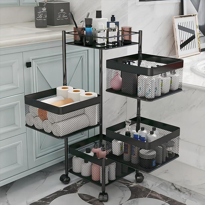 Rotating Kitchen Storage Rack，Bathroom Shelf，Kitchen Organization and Storage，Bathroom Storage Organizer，Fruit Basket，Rolling Carts with Wheels(Black, 4 Tier-Square) - ModernBath