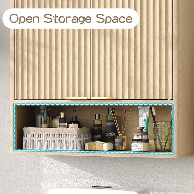 Furnideco Bathroom Medicine Cabinet with Fluted Doors, 3-Tier Modern Wall Cabinet Over Toilet, Small Hanging Storage Cabinet for Bathroom, Natural - ModernBath