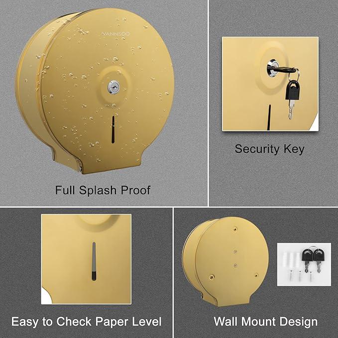 Commercial Jumbo Toilet Paper Dispenser, Wall Mount Stainless Steel 9 Inch Roll Toilet Paper Holder Bath Tissue Dispenser with Lock Key (Gold) - ModernBath