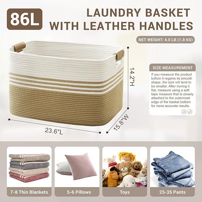 86L Extra Large Laundry Basket with Leather Handles for Living Room Storage, Woven Rope Baskets for Blanket, Kids Toy, Gifts, Wicker Hamper for Bedroom Dirty Clothes, 24"x16"x14" Khaki - ModernBath