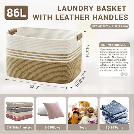 86L Extra Large Laundry Basket with Leather Handles for Living Room Storage, Woven Rope Baskets for Blanket, Kids Toy, Gifts, Wicker Hamper for Bedroom Dirty Clothes, 24"x16"x14" Khaki - ModernBath