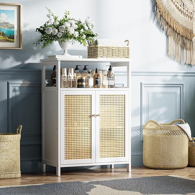 HITNET Bamboo Cabinet, Rattan Storage Cabinet with Doors, Freestanding Floor Cupboard for Bathroom, Living Room, Hallway, White - ModernBath