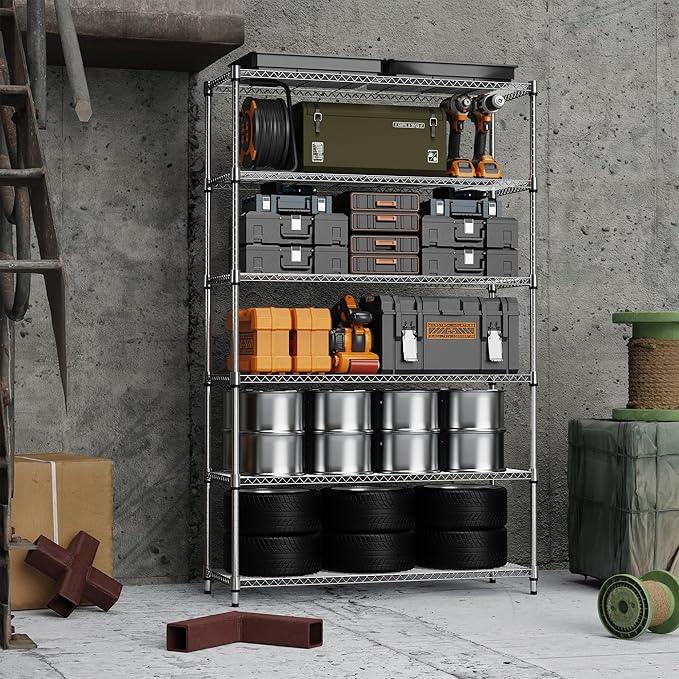 6 Tiers Storage Shelves Load 2100LBS, Metal Shelving Wire Metal Shelving Unit Shelves for Storage Adjustable Garage Shelving for Pantry Kitchen Garage Chrome 17.7" D x 47.3" W x 82.4" H - ModernBath