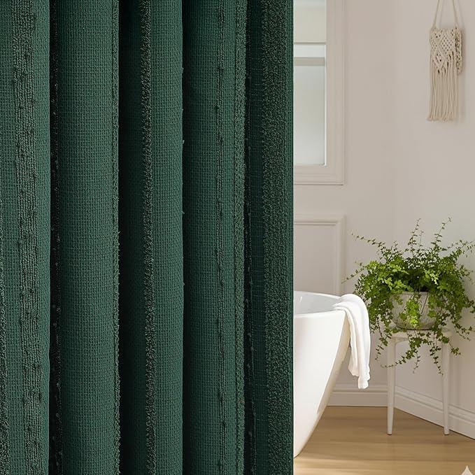 Lameirose Dark Green Shower Curtain Boho, Cotton Blend Waffle Shower Curtain Textured, Fabric Shower Curtains for Bathroom, Hotel, 72 x 72 - ModernBath