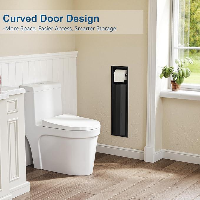 Neodrain Recessed Toilet Paper Holder, Matte Black Tissue Holder with Curved Door, 304 Stainless Steel Bathroom Storage Cabinet for Tissue Rolls, Perfect Depth fits Amarica Drywall - ModernBath