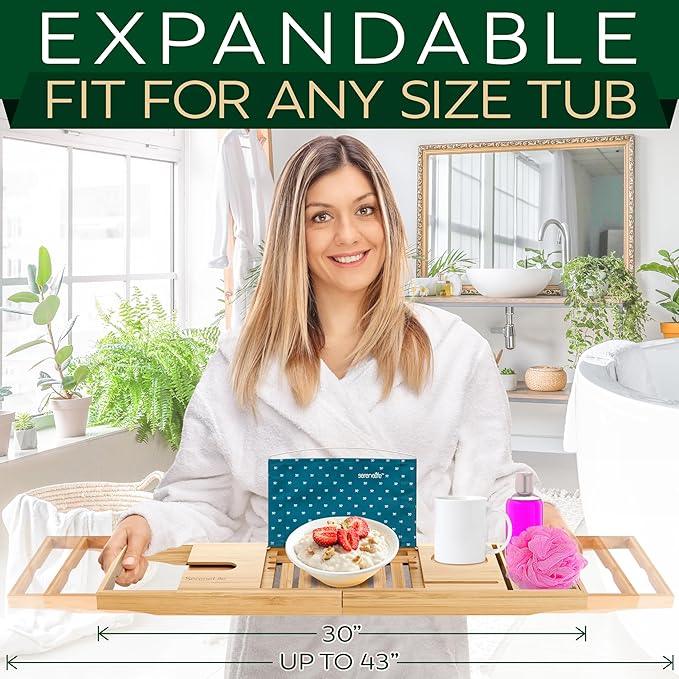 SereneLife Premium Bathtub Tray Caddy with Gift Box and Bow Set, Expandable Bath Tray, Unique House Warming Gifts for Mom, Women, Wedding, Anniversary, Bridal Shower, Fit for All Tub - Classic - ModernBath