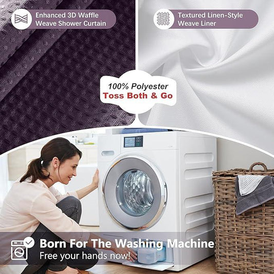 Luxury 3 in 1 Shower Curtain Set 3D Textured Waffle Weave Bathroom Curtain with Waterproof SGS Certified Fabric Liner & 12 Anti-Fall Stainless Steel Hooks, Machine Washable 72"x78" (Purple) - ModernBath