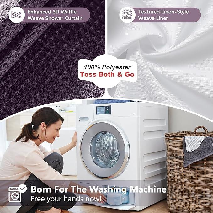 Luxury 3 in 1 Shower Curtain Set 3D Textured Waffle Weave Bathroom Curtain with Waterproof SGS Certified Fabric Liner & 12 Anti-Fall Stainless Steel Hooks, Machine Washable 72"x84" (Purple) - ModernBath