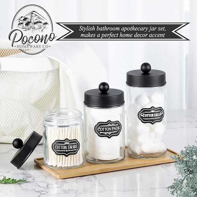 Apothecary Jars 3 Pack - Glass Bathroom Containers with Stainless Steel Lids - Rustic Farmhouse Decor Bathroom Accessories, Vanity Organizer Apothecary Jars for Qtip/Cotton Balls (Matte Black) - ModernBath
