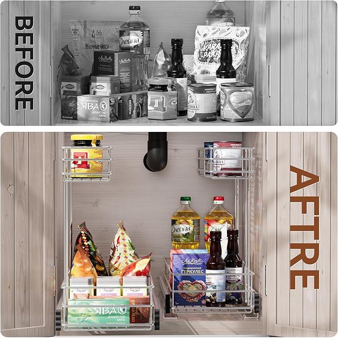 Under Sink Organizer 9"W X18.5"D，Pull Out Cabinet Organizer 2 Tier，Under Sink Slide Out Organizer Chrome Plated, Under Kitchen Bathroom Sink Organizer, Pantry Cabinet Closet Organization Rack, 1 Pack - ModernBath