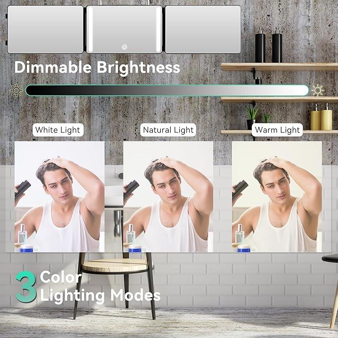 Moruedtu 3 Way Mirror with LED Lights & 360° View,See Back of Head Trifold Barber Mirror for Self Haircut, Shaving & Braiding, Portable Travel Design with Hook for Home,Men & Women (Black) - ModernBath