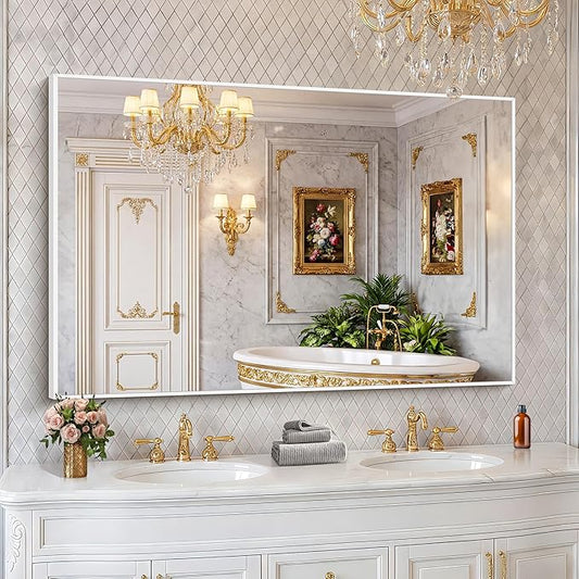 BONEWEI White Bathroom Mirror,55x36 inch Wall Mirror for Bathroom Wall Mounted,Large Rectangle Mirror for Bathroom Over Sink,Modern Metal Frame for Living Room,Bedroom Entryway,Horizontal/Vertical