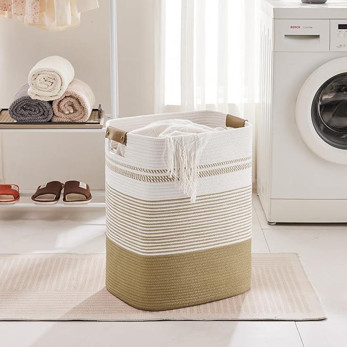 85L Tall Laundry Hamper with Handles for Living Room Storage, Extra Large Woven Rope Baskets Bin for Blanket, Kids Toy, Gifts, Wicker Hamper for Bedroom Dirty Clothes, 17"x14"x22" Khaki - ModernBath