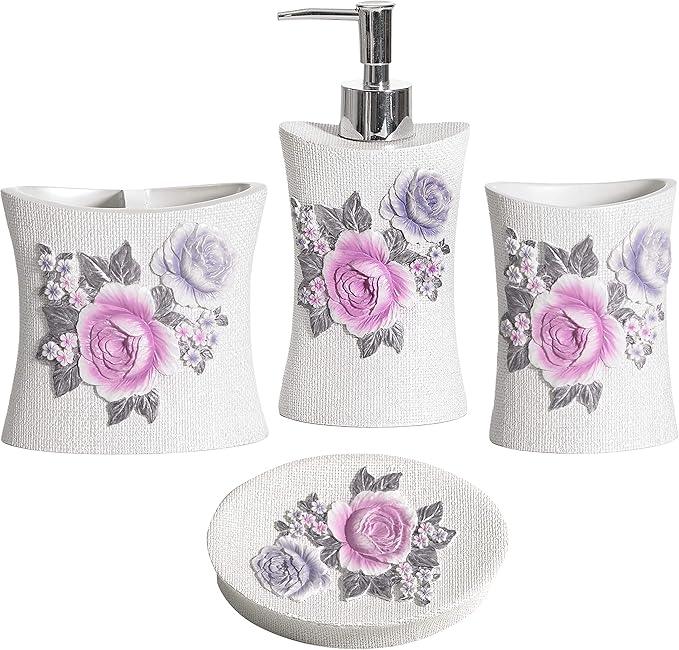 Zahari Home 4pc Michelle Bathroom Accessories Sets Lotion Pump, Tumbler, Tooth Brush Holder and Soap Dish Unique Design Floral Bathroom Set - ModernBath