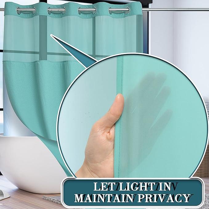 Conbo Mio No Hook Green Waffle Weave Shower Curtain with Snap in Liner Set, Hotel Luxury Shower Curtains for Bathroom with See Through Top Window, Waterproof, Washable 71W x 74H - ModernBath