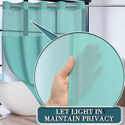 Conbo Mio No Hook Green Waffle Weave Shower Curtain with Snap in Liner Set, Hotel Luxury Shower Curtains for Bathroom with See Through Top Window, Waterproof, Washable 71W x 74H - ModernBath