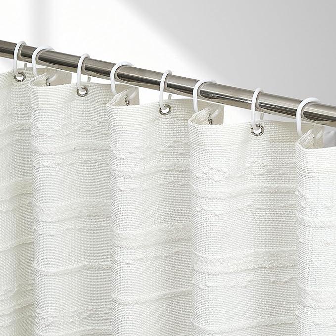 Lameirose Farmhouse White Shower Curtain Boho, 72 x 72 Cotton Blend Tufted Weave Waffle Stripe Textured Heavy Duty, Fabric Shower Curtain for Bathroom, Hotel - ModernBath