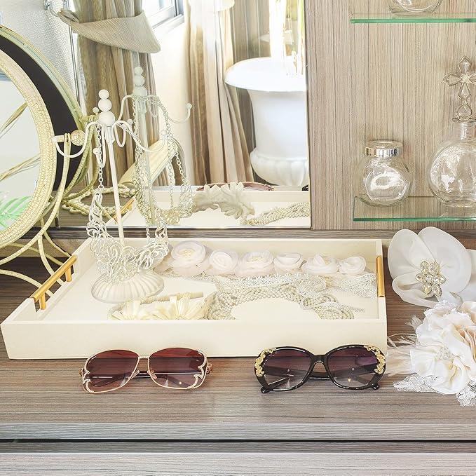 ATZYmolin 17" x 12" Wood Serving Tray with Gold Polished Metal Handles, Home Decorative Wooden Rectangle Ottoman Leather Decor Platter Bathroom Vanity Tray for All Occasions White - ModernBath