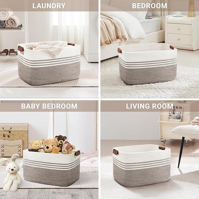 72L Large Laundry Basket with Leather Handles for Living Room Storage, Woven Rope Baskets Bin for Blanket, Kids Toy, Gifts, Wicker Hamper for Bedroom Dirty Clothes, 22"x17"x12" Dark Brown - ModernBath