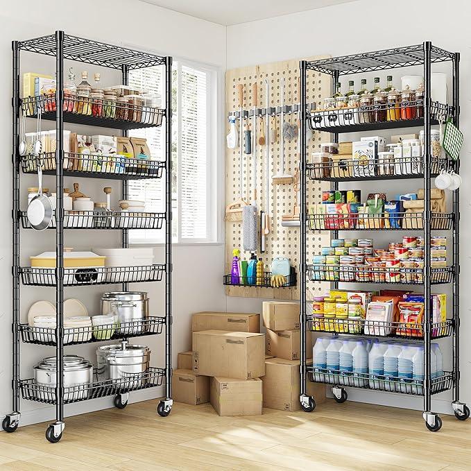 7 Tier Wire Shelving with Wheels 72" H Adjustable Basket Shelf Storage Shelves with Hooks for Kitchen Bathroom Pantry Shelves Closet Laundry Room Organization 72" H x 30" W x 14" D, Black - ModernBath