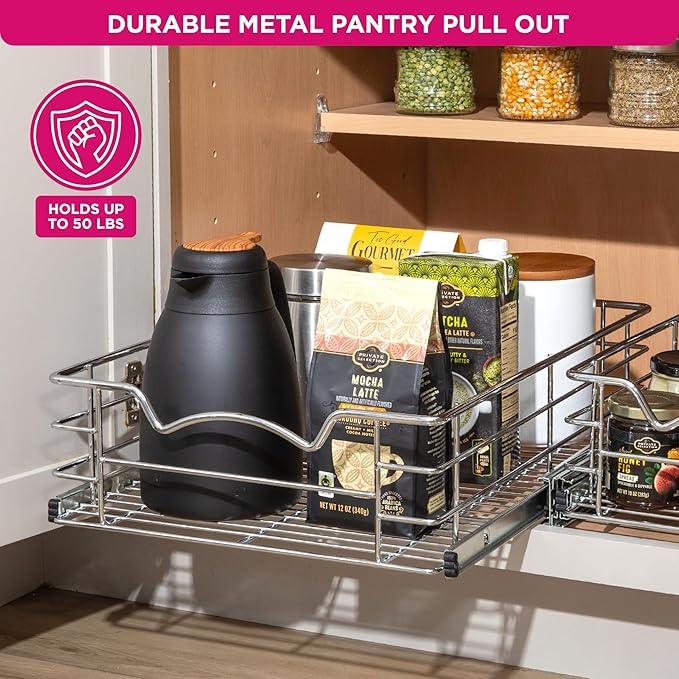 HOLDN’ STORAGE Heavy-Duty Premium Collection Pull Out Cabinet Organizer, Cabinet Drawer Slide Outs, Lifetime Limited Warranty - Basket Size 11" W x 21" D x 5" H, Anti-Rust Chrome Finish - ModernBath