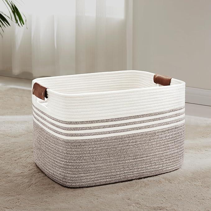 60L Large Laundry Basket with Leather Handles for Living Room Storage, Woven Rope Baskets Bin for Blanket, Kids Toy, Gifts, Wicker Hamper for Bedroom Dirty Clothes, 21"x15"x11" Dark Brown - ModernBath