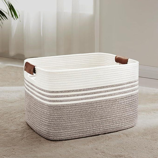60L Large Laundry Basket with Leather Handles for Living Room Storage, Woven Rope Baskets Bin for Blanket, Kids Toy, Gifts, Wicker Hamper for Bedroom Dirty Clothes, 21"x15"x11" Dark Brown - ModernBath