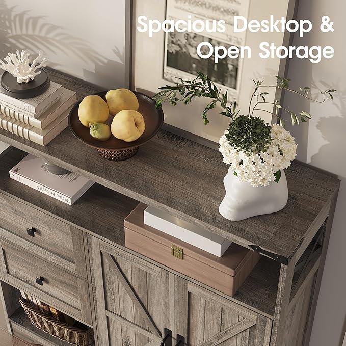Fameill Farmhouse Storage Cabinet with Drawers and Open Storage,Freestanding Kitchen Pantry with 2 Barn Doors, Floor Cabinet with Adjustable Shelf for Living Room,Grey - ModernBath