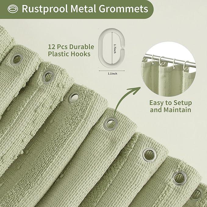 Lameirose Sage Green Shower Curtain Boho, Cotton Blend Waffle Shower Curtain Farmhouse, Fabric Shower Curtains for Bathroom, Hotel, Washable 72 x 72 - ModernBath