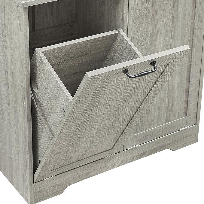 Bathroom Storage Cabinet with Doors and Drawers, Tilt-Out Laundry Hamper, Multiple Storage Space, Freestanding Style, Open Shelve, Adjustable Shelf (Oak) - ModernBath