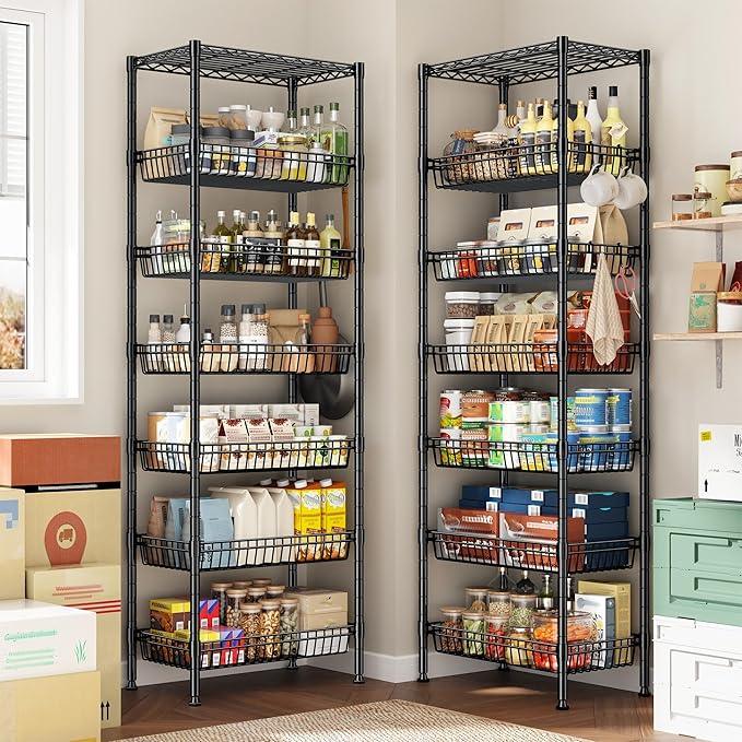 7 Tier Wire Shelving Unit with Wheels 72" H Adjustable Basket Shelf Storage Shelves with Hooks for Kitchen Bathroom Garage Closet Laundry Room Organization 72" H x 24" W x 14" D, Black - ModernBath