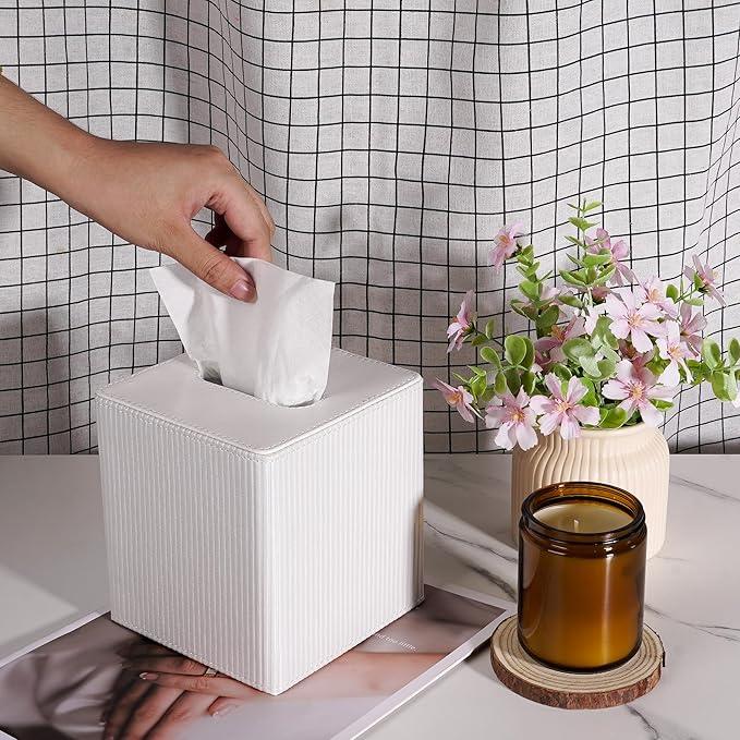 DODAMOUR Vertical Stripe Tissue Box Cover Cube – Ribbed PU Leather Square Holder, Magnetic Bottom Napkin Dispenser for Bathroom Vanity, Bedroom Nightstand (White) - ModernBath