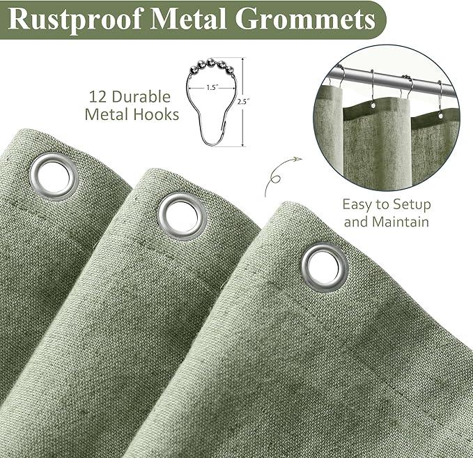 Naturoom 60 Inch Shower Curtain - Stall Narrow Half Green Linen Ultra Thick Fabric Shower Curtain Set with Hooks, Boho Farmhouse Rustic RV Camper Bath Curtains for Bathroom, Sage Green, 60 x 72 - ModernBath