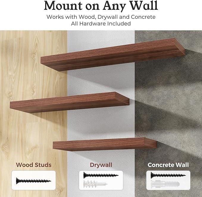 Floating Shelves for Wall, Wall Mounted Rustic Wood Shelves for Bathroom, Bedroom, Living Room, Kitchen, Hanging Shelf for Books/Storage/Room Decor (Walnut, 48") - ModernBath