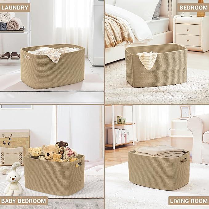 60L Small Wicker Laundry Basket for Living Room Storage,Boho Woven Cotton Rope Baskets for Kids Toy,Gifts,Square Blanket Hamper for Bedroom Dirty Clothes,Jute - ModernBath