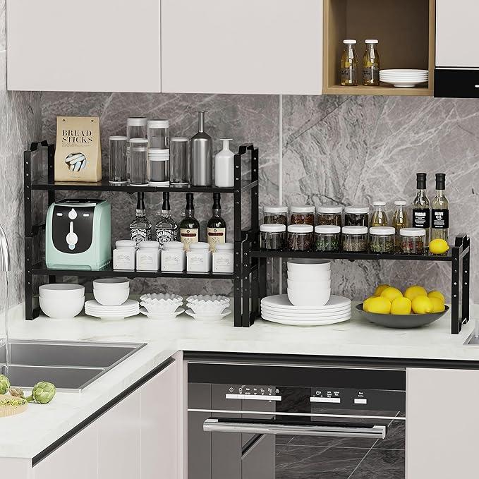 Jojocross Expandable Shelf for Cabinet Organizer Adjustable Stackable Spice Rack at Kitchen and Bathroom More, Counter Countertop Cupboard Organization Pantry Storage (2 Packs/Black, Medium) - ModernBath