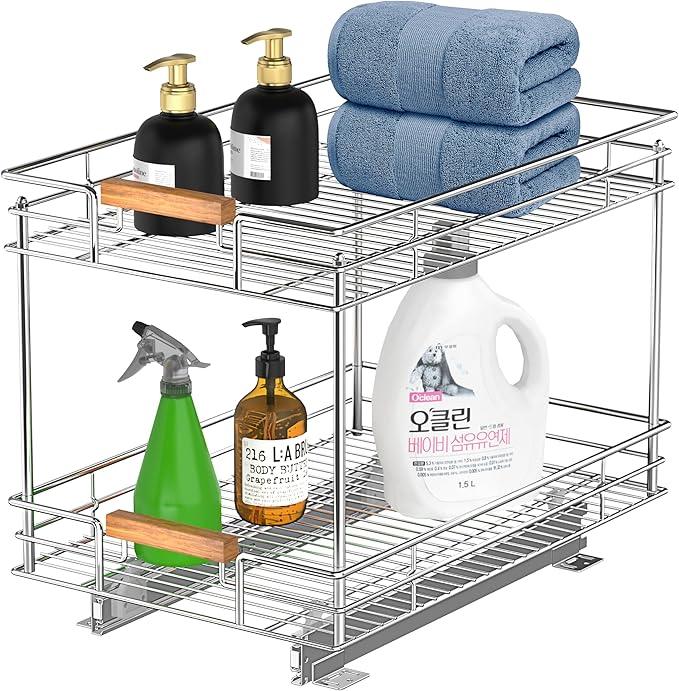Pull Out Cabinet Organizer(14" W x 21" D), 2 Tier Slide Out Shelves with Wood Handle, Sliding Drawer Pull Storage Shelf for 15-1/4” Cabinet Opening, Chrome - ModernBath