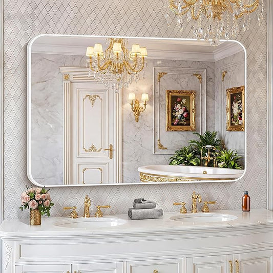 BONEWEI White Bathroom Mirror,55x36 inch Wall Mirror for Bathroom Wall Mounted,Rectangle Mirror for Bathroom Over Sink,Modern Frame Round Corner for Living Room,Bedroom Entryway,Horizontal/Vertical