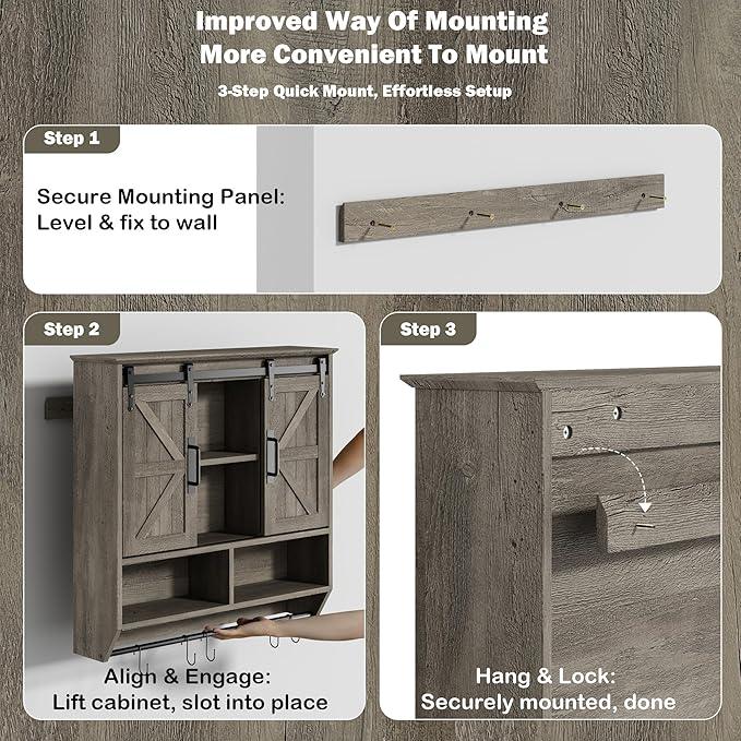 RUSTOWN Farmhouse Bathroom Wall Cabinet,3-Tier Rustic Wood Wall Mounted Cabinets,Vintage Medicine Cabinet with Sliding Barn Door and Adjustable Shelves,Over The Toilet Storage Cabinet (Washed Oak) - ModernBath